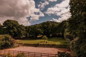 ein Feld mit einem Zaun vor einem Hügel in der Unterkunft George's Cottage in Bamford