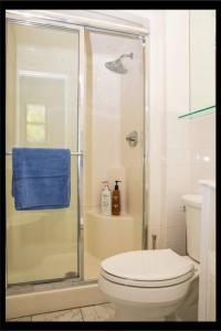 a bathroom with a toilet and a shower with a blue towel at Prime Studio Greenwich Village! in New York