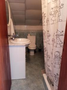 a bathroom with a sink and a toilet and a shower curtain at Sótão dos Avós do Monte Beatriz in Reguengos de Monsaraz