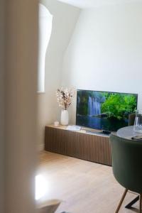 a living room with a flat screen tv and a chair at Hypercentre rue piétonne au calme in Toulouse