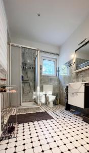 a bathroom with a shower and a toilet and a sink at Ferienhaus Villa Vogelsang (Schlei / Ostsee) in Stoltebüll