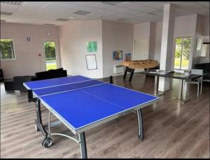 un tavolo da ping pong in una sala vuota con una pallina da ping pong di Les belles nuits d'honfleur a Équemauville