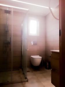 a bathroom with a toilet and a glass shower at Yucca Studio, beautiful apartment with garden in Ropanianá