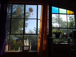 une fenêtre avec vue sur un arbre de Noël dans l'établissement Hostel Alfa, à San Marcos Sierras