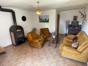uma sala de estar com dois sofás e um fogão a lenha em Vidiecky dom AlexSandra - ubytovanie v súkromí em Liptovská Ondrašová
