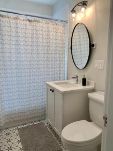 ein Badezimmer mit einem WC, einem Waschbecken und einem Spiegel in der Unterkunft Lakeview Oasis In Arlington in Arlington