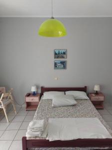 a bedroom with a bed and a green light at Marilena House Plataria in Plataria