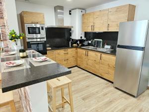 La cuisine est équipée d'un réfrigérateur en acier inoxydable et de placards en bois. dans l'établissement Rez de chaussée appartement à Tournus - Yellow, à Tournus