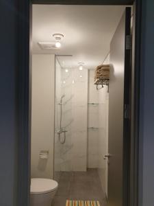 a bathroom with a toilet and a glass shower at CozyHomes at One Residence Batam in Batam Center