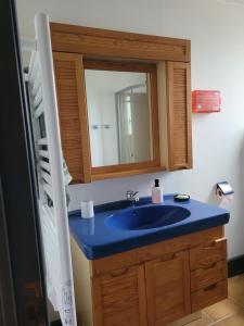 a bathroom with a blue sink and a mirror at La Rhomane in Chabris