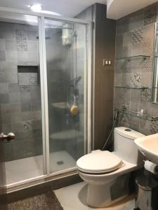 a bathroom with a shower and a toilet and a sink at Parc Chateau Condominium in Manila