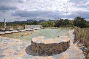 a swimming pool with a stone fountain in a yard at Domaine de Ceyrac in Conqueyrac