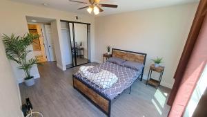 um quarto com uma cama e uma ventoinha de tecto em Venetian La Jolla 2 bedroom condo luxury furnished near beach and UTC mall em San Diego