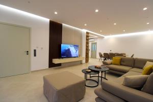 Una sala de estar con un sofá y un televisor de pantalla plana. en Luxury Villa JO-AN, en Ksamil