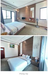 Dong Quan的住宿－BIDV HOTEL CỬA LÒ，一张大床卧室两张照片