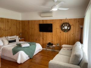 菲利港的住宿－Nest - charming, comfortable coastal villa，一间卧室配有一张床、一张沙发和一台电视。