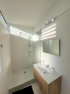 uma casa de banho branca com um lavatório e um chuveiro em KAZANVIL em Saint-Denis