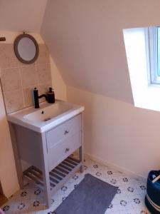 a bathroom with a sink and a mirror at Logement du Coteau entre Beauval et Amboise in Faverolles-sur-Cher