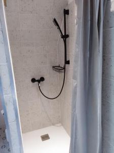 a shower with a shower head and a shower curtain at Logement du Coteau entre Beauval et Amboise in Faverolles-sur-Cher
