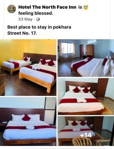 a collage of four pictures of a hotel room with two beds at The North Face Inn in Pokhara