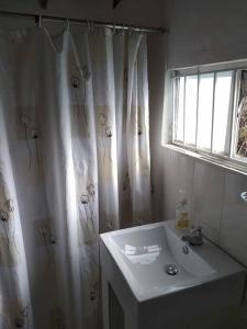 a bathroom with a sink and a shower curtain at Cabaña vista al lago Tominė y Naturaleza Guatavita in Guatavita