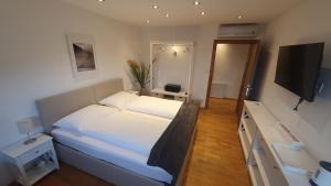 um quarto com uma cama e uma televisão de ecrã plano em Lakeside Hills Apartment, Appartement em Krumpendorf am Wörthersee