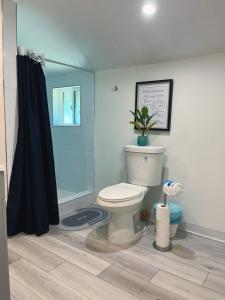 a bathroom with a toilet and a shower at Echo Zen Hostal in Los Angeles