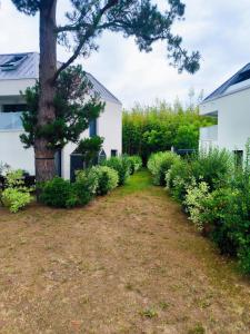 a yard with a tree and bushes next to a house at Superbe appartement avec jardin in Courrejean
