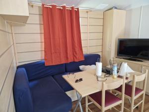 a living room with a blue couch and a table at Camping le ried B021 et N038 in Boofzheim