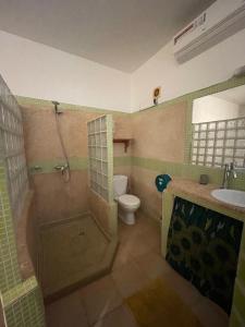 uma casa de banho com um chuveiro, um WC e um lavatório. em La Cabane du Pêcheur Atlantic Evasion em Dakar