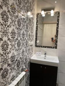 een badkamer met een wastafel en een spiegel bij Vilnius City Walls apartment in Vilnius
