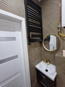 MAGIC HOME Apartamenty في رودا شلاسكا: حمام مع حوض ومرآة