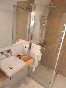 W łazience znajduje się umywalka i prysznic. w obiekcie Motyl Apartamenty Studio w Bytomiu