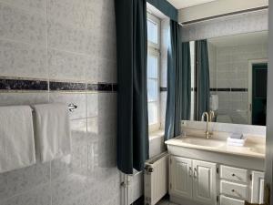 W łazience znajduje się umywalka i lustro. w obiekcie Rein Klassik Hotel w mieście Bad Pyrmont