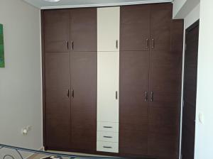 a large closet with wooden cabinets in a room at studio apartment KAMARES in Mytilini