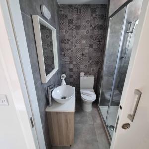 La salle de bains est pourvue de toilettes, d'un lavabo et d'une douche. dans l'établissement SC_apartments, à Kato Pyrgos