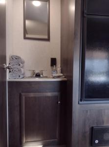 a bathroom with a sink and a mirror at Branson RV Park in Branson
