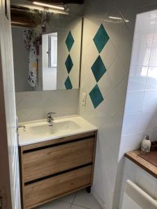 ein Bad mit einem Waschbecken und einem Spiegel in der Unterkunft L'Atelier de la Forge La forge in Martigny-le-Comte
