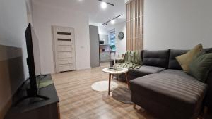a living room with a couch and a tv at Apartament Przy Dworcu (centrum) in Tarnowskie Góry