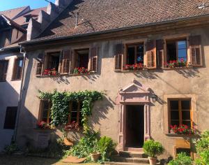 an old building with flower boxes and windows at Cour de Dinzheim in Riquewihr