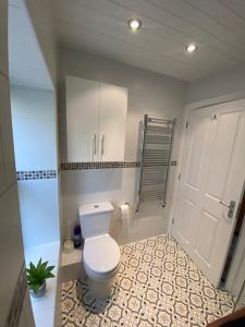 a bathroom with a white toilet and a door at Wards House Loft Apartment, Matlock in Matlock