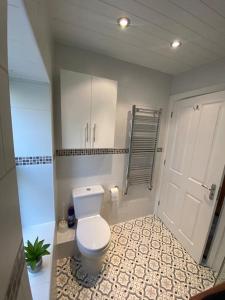 a bathroom with a white toilet and a door at Wards House Loft Apartment, Matlock in Matlock +24 photos