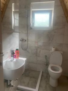 baño con lavabo y aseo y ventana en Mountain View Resort en Gusinje