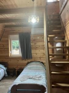 a bedroom with a staircase in a log cabin at Mountain View Resort in Gusinje