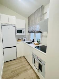 eine weiße Küche mit einer Spüle und einem Kühlschrank in der Unterkunft Gonzalez del Valle in Oviedo