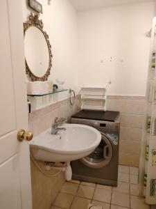 La salle de bains est pourvue d'un lavabo et d'un lave-linge. dans l'établissement Marina apartment 2, à Aqaba