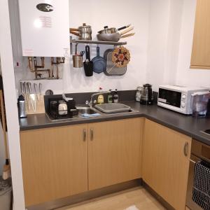 cocina con fregadero y microondas en HomeStay Cosy Studio, en Birmingham