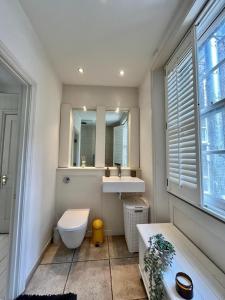 La salle de bains est pourvue de toilettes, d'un lavabo et d'un miroir. dans l'établissement 4 floor Apartment in Covent Garden, à Londres