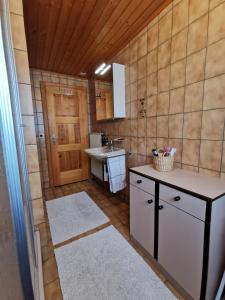 Baño pequeño con lavabo y encimera en CHALET HÜTTLE - authentisch, ruhig, mitten im grün en Grächen