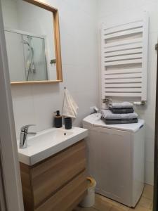 a bathroom with a sink and a mirror at Kościuszki Cozy Corner in Radom